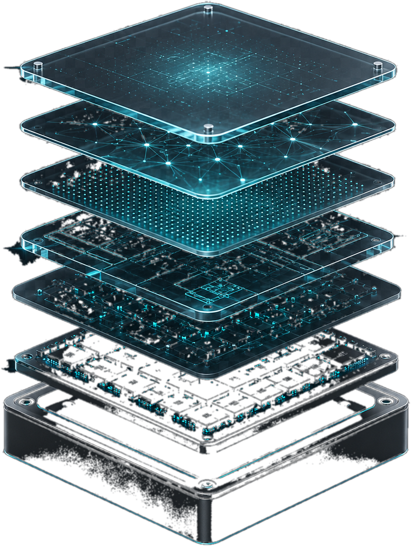 Exploded view of the chip stack, from software down to the ferroelectric core