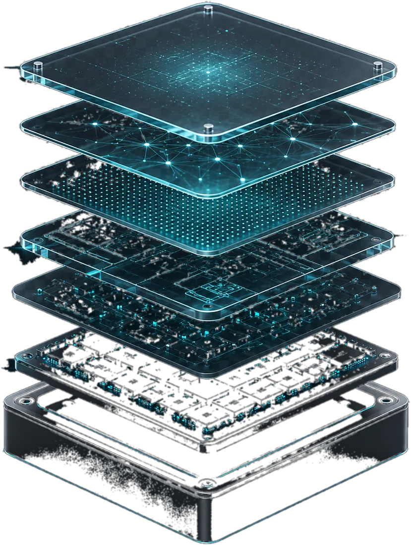 Exploded view of the chip stack, from software down to the ferroelectric core
