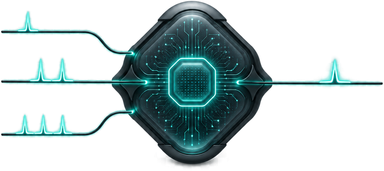Neuromorphic chip: sparse input spikes converge on a processing core